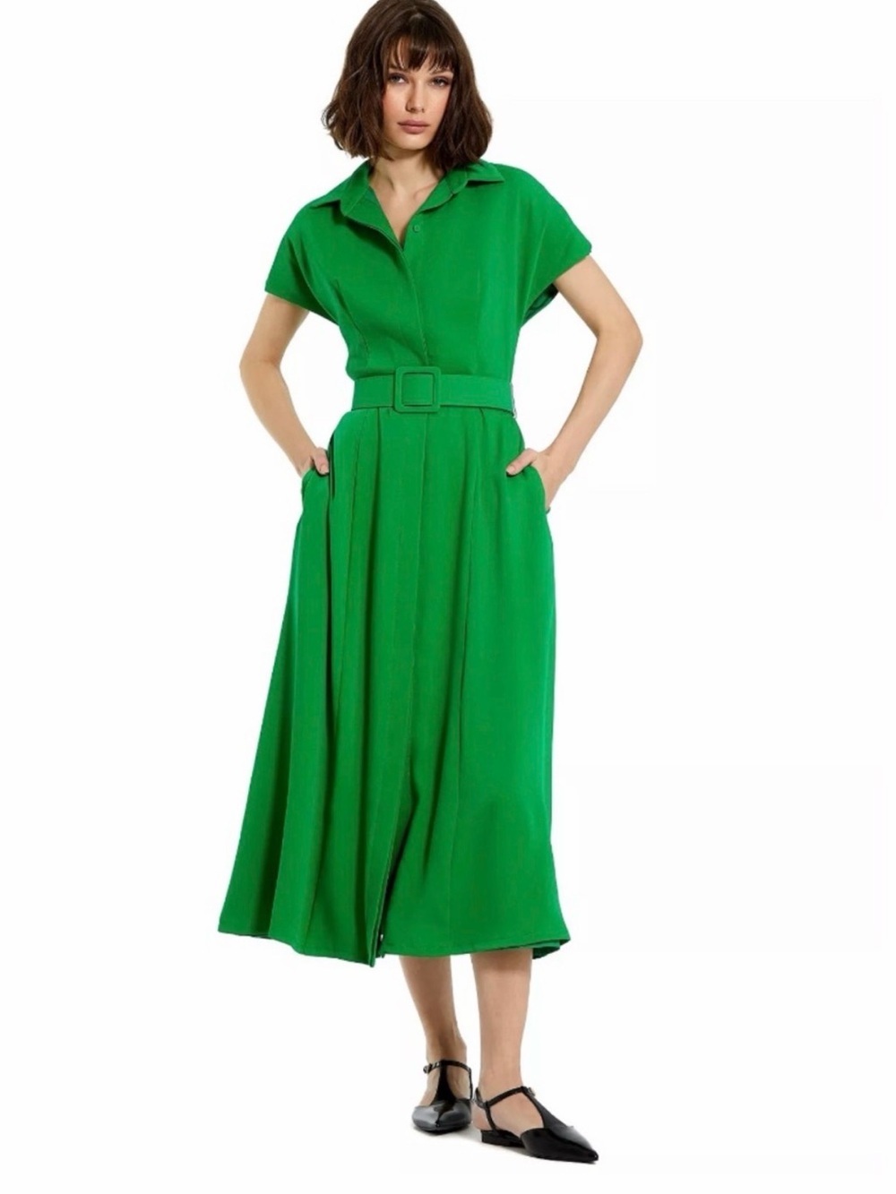 NWT Mac Duggal Spring Green Belted A-Line Midi Dress . Size L